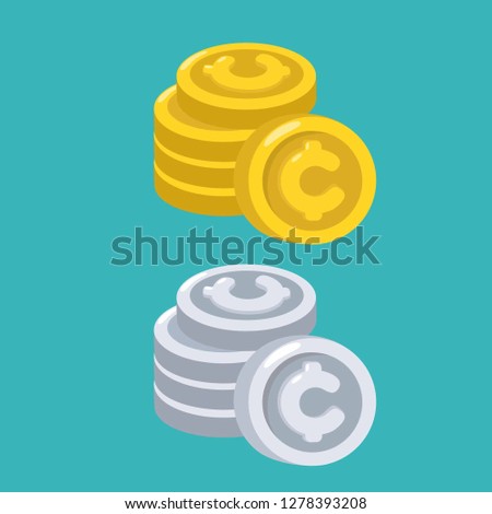 Vector financial money icon set. Coins with the cent symbol are gold and silver. Illustration of money in flat style.