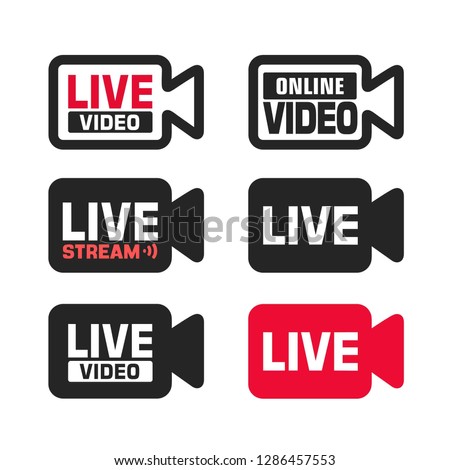 Vector online video icon. Video camera with the text: live, online, video stream.  Illustration of a camcorder sign in flat minimalism style.