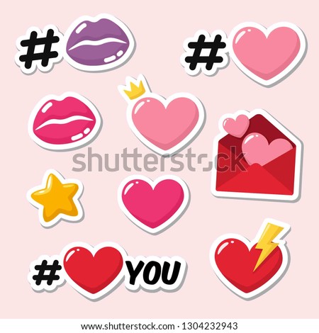 Set of vector love icon sticker. Sticker in the form of lips, #heart, hearts, love letters and text: I love you. Illustration of romantic stickers in flat minimalism style.