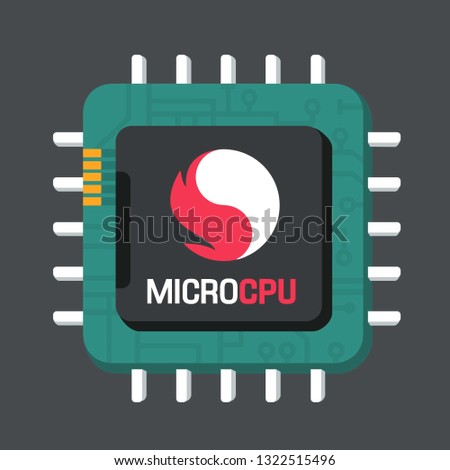 Vector tech micro chip icon. Micro processor with a logo and text: MICRO CHIP. Illustration of computer processor clipart
