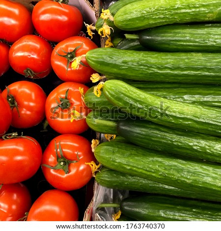 Macro photo tomato and cucumbers. Stock photo background red tomatoes and cucumbers vegetables