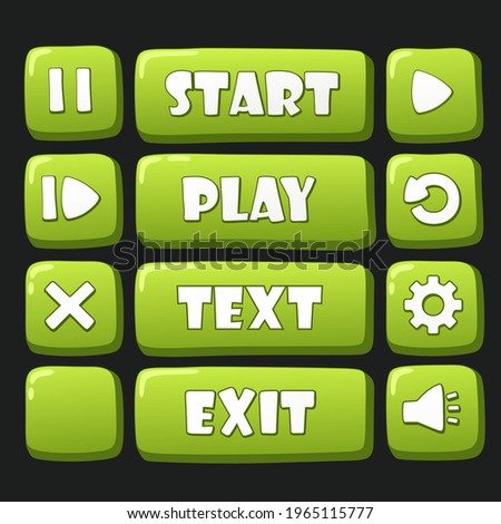 vector icon green buttons set. Stock  Image green button set for game: start, exit, play, restart, replay, close, pause, settings and sound buttons