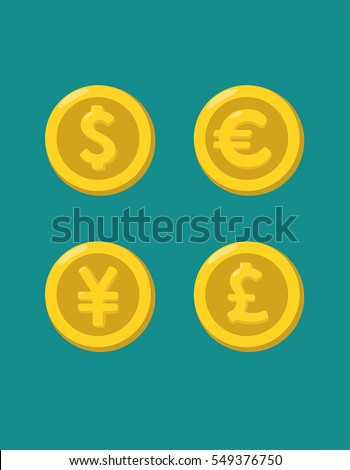 Icons of gold coins of currencies: a coin with a dollar sign; coin with euro sign; coin with the pound sterling; coin with the image of the Japanese Yen.