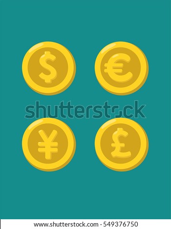 Icons of gold coins with images of currencies of different countries: a coin with a dollar sign; coin with euro sign; coin with the pound sterling; coin with the image of the Japanese Yen.