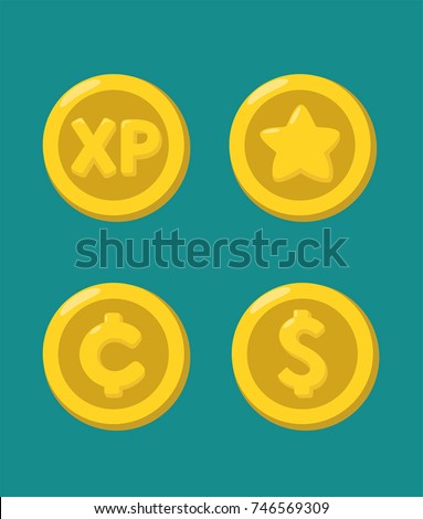 vector set of icons of gold coins with the image: experience points; dollar; cent; star. Stock image gold game cartoon xp coin art