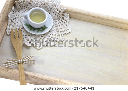 picture of cup of tea, doily and fork with wood background