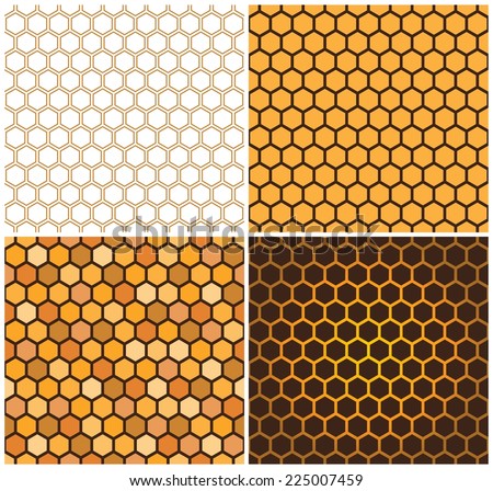 Seamless vector pattern of honey cells, combs. Set of four 4 patterns