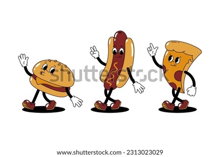 Vector set with cartoon retro mascots colored illustrations of walking street food - hamburger, pizza and hot dog. Vintage style 30s, 40s, 50s old animation. Stickers isolated on white background.