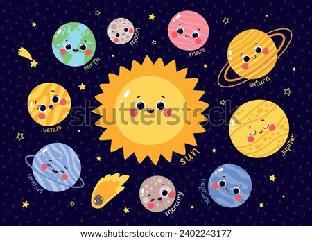 Vector set of cute solar system planets stickers