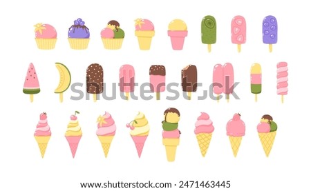 Vector set of illustrations of popsicles and fruit ice creams. 25 elements