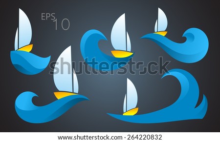 yacht in  sea, logo sea, logo vessel, vessel in ocean, Illustration of a cartoon ocean landscape with yachts , the boat on a wave against a black background