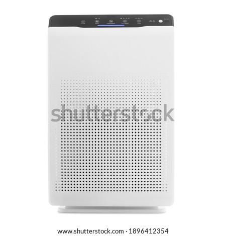 White Square Air Purifier Isolated on White. Front View White Modern Air Cleaner Humidifier. Electric Small Appliance. Household Appliances. Allergen and Odor Reducing Equipment. Modern Technology