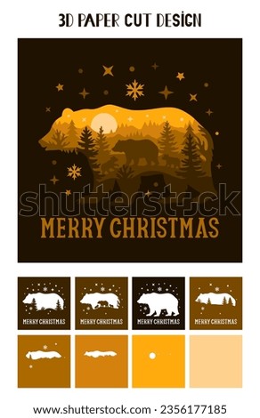 3D Bear Christmas shadow box. Vector layered tunnel card. Merry Christmas multilayer paper cut design. Template for paper cutting. Christmas light box.