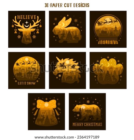 3D Christmas shadow boxes collection. Believe, Merry Christmas and Let it Snow phrases. Vector layered tunnel cards. Templates for paper cutting. Christmas light boxes.