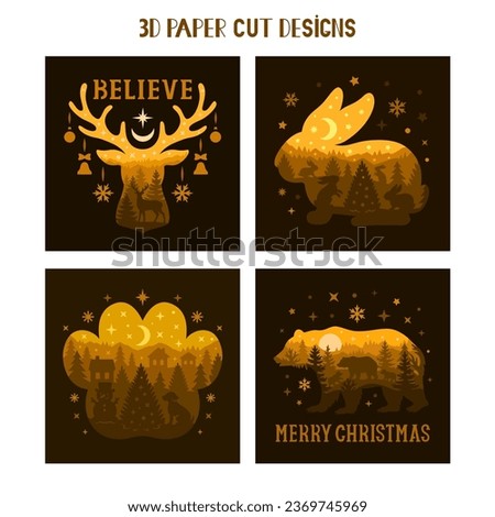 3D Christmas shadow boxes set. Believe and Merry Christmas phrases. Vector layered tunnel cards. Templates for paper cutting. Christmas light boxes with animals silhouettes.