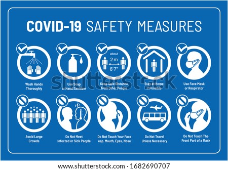 Set of Corona Virus COVID-19 Safety Measures and Precautions Warning Signs - How to Protect Yourself and Others - What To Do Signs - Infographics in Blue European Motorway/Highway Roadsign Style