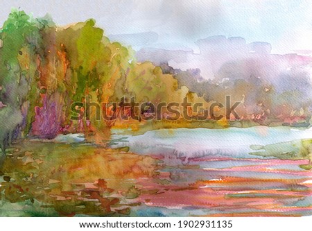 Hand-drawn watercolor river landscape, bright sunny day.