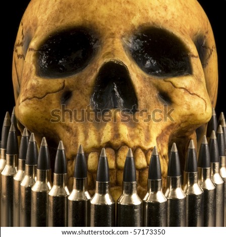 realistic-looking human skull model seen behind a row of rifle cartridges.