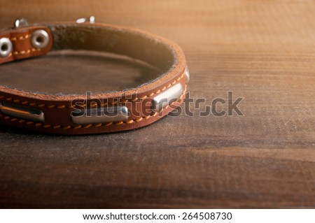 The dog collar on the wooden table