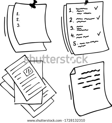 Set of stylized doodle notes. An empty numbered list, pinned by a button, filled lists, notes, reminders. Hand-drawn vector illustration for icons, stickers and design. Isolated over white background.