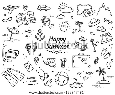 Summer Travel Doodle Icons. Hand drawn sea vacation symbols doodle set. Beach and travel elements: suitcase, umbrella, swimsuit, cocktail, anchor, palm tree etc. Black isolated on a white. Vector.
