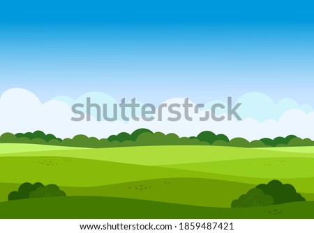 Vector cartoon meadow landscape with grass. Blue sky with white clouds. Flat valley landscape. Empty green field with trees on sunny summer day. Green hills landscape background, empty glade template.