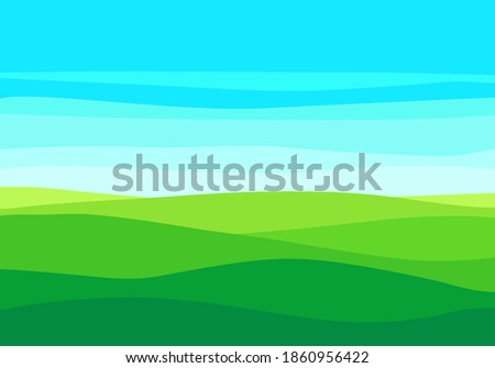 Empty green field and blue sky on a sunny summer day. Flat meadow landscape with grass. Farm valley landscape. Green hills landscape background, empty glade template. Vector grass fields landscape.  Stock foto © 