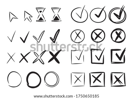 Set of hand drawn check marks. Check signs voting agree. Isolated vector symbols on white background. Pointer click cursor and loading icons