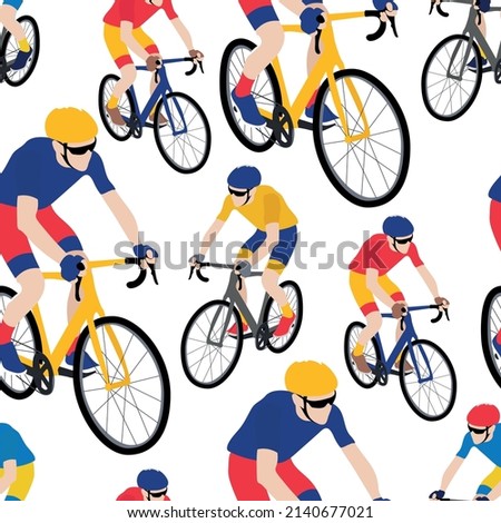 Seamless pattern with bicyclists. Cyclists bicycle racing. characters flat design style. 