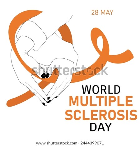 World Multiple Sclerosis Day poster. Vector cartoon illustration of  hands with a heart shape holding a orange ribbon.