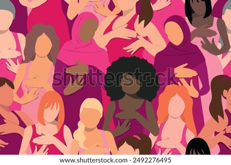 Seamless pattern of women doing breast self-examination. Breast Cancer Month background. 