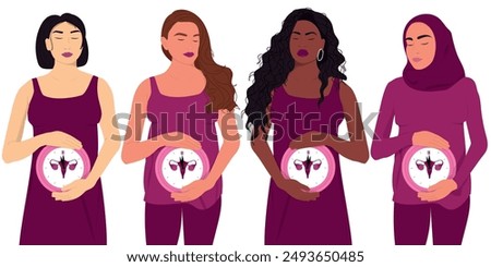 World Menopause Day banner. Multi-ethnic omen community holding reproductive clocks. Vector illustration	