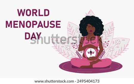 World Menopause Day banner. Medicine concept. Meditating african american woman with fertility clock. Vector illustration.	