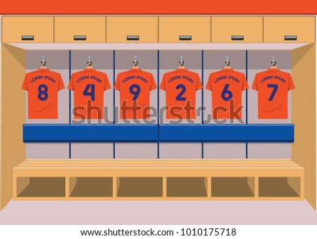 Soccer dressing rooms team. football sport orange shirt vector illustration