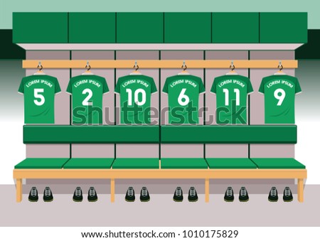 Soccer dressing rooms team. football sport green shirt vector illustration