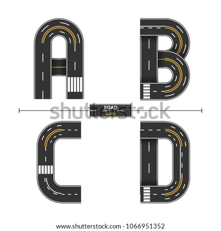 Alphabet in a set A,B.C,D, road with white and yellow line markings on white background