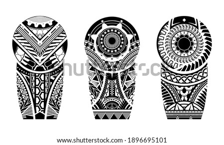 Tattoo tribal abstract sleeve set, black arm shoulder tattoo fantasy pattern vector art design isolated on white background