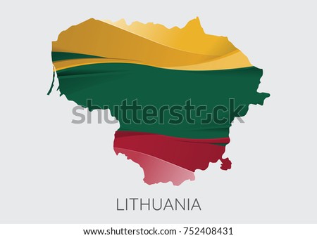 Map Of Lithuania With Flag As Texture Isolated On Grey Background. Vector Illustration