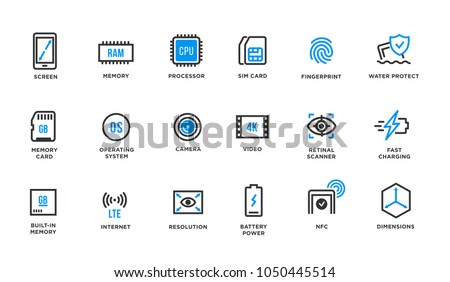 Mobile Device Components Vector Icon Set. Smartphone and tablet icons. Screen, memory, fingerprint