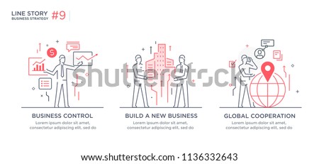 Set of illustrations concept with business concept. Workflow, growth, graphics. Business development, milestones, start-up. linear illustration Icons infographics. Landing page site print poster. Line