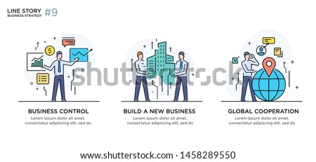 Set of illustrations concept with business concept. Workflow, growth, graphics. Business development, milestones, start-up. linear illustration Icons infographics. Landing page site print poster. Eps