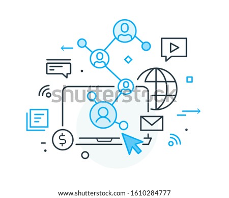 Social media vlog. Virtual communication smartphone. Cooperation interaction. Vector illustration Eps 10 file. Success, Cooperation. line icon illustration