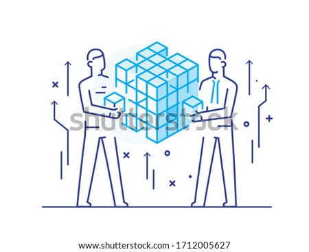 businessmen put together a complex structure. Joint efforts, success, union. Vector illustration Eps 10 file. Success Cooperation. line icon illustration