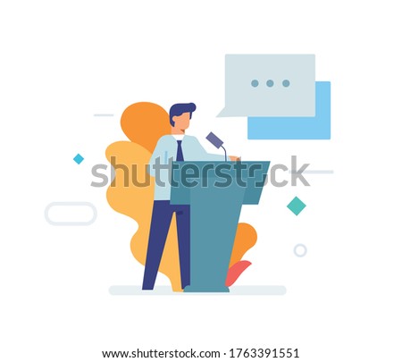 Speaker makes a speech, stands behind the podium. icon, illustration. Smartphones tablets user interface social media.Flat illustration Icons infographics. Landing page site print poster. Eps vector.