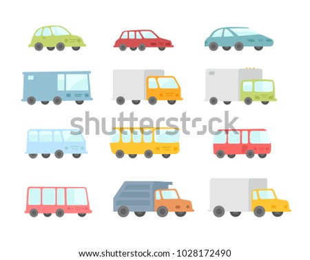 Set of different cartoon transparent cars buses and trucks. Flat vector stock illustration.