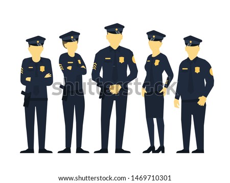 Police team. A group of policemen. Women and men in uniform. Law and order. Law enforcement officers. Flat vector.