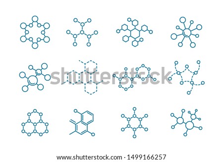 The structure of the substance. Molecule of the formula. Set of scientific icons. Outline contour line flat vector illustration clipart.