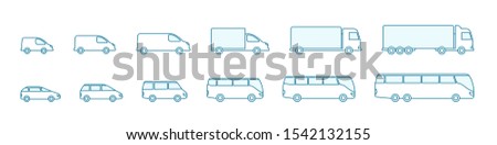 The size of the transport icon set. Compact standard long. Transportation of passengers buses and cargo trucks. From small to large. Outline contour blue line vector.