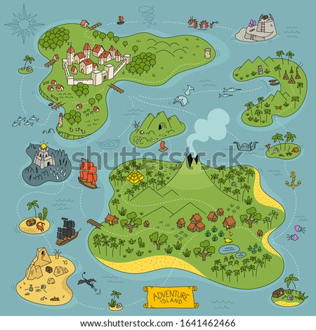 Board game kit. Adventure island map. Fantasy area. Pirates, sea monsters, mountains and city. Cartoon colored hand drawn vector.