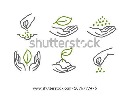 Set of icons. Growing seedlings plant shoots in hand. Sowing seeds. Environmental protection. Vector contour green line.